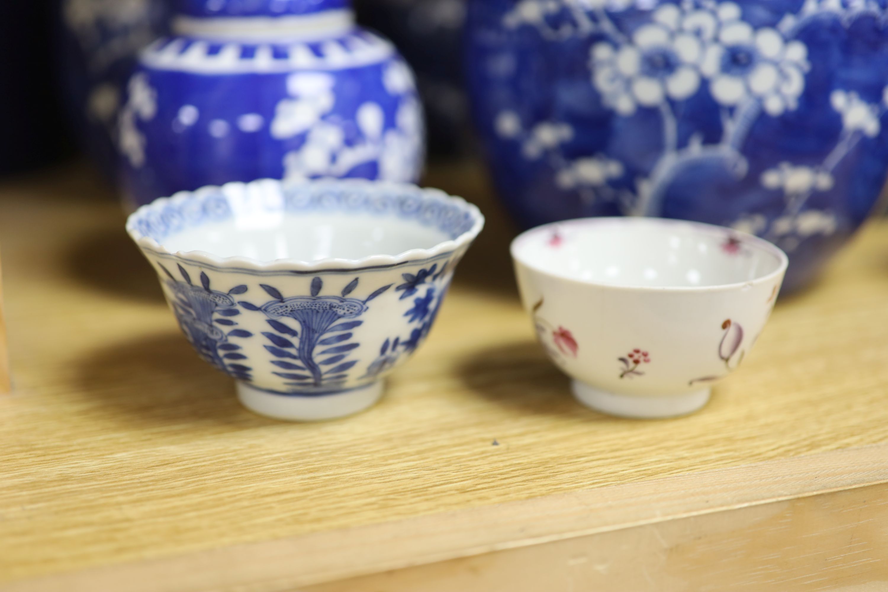 Seven Chinese blue and white jars and two Chinese tea bowls, largest 17cm